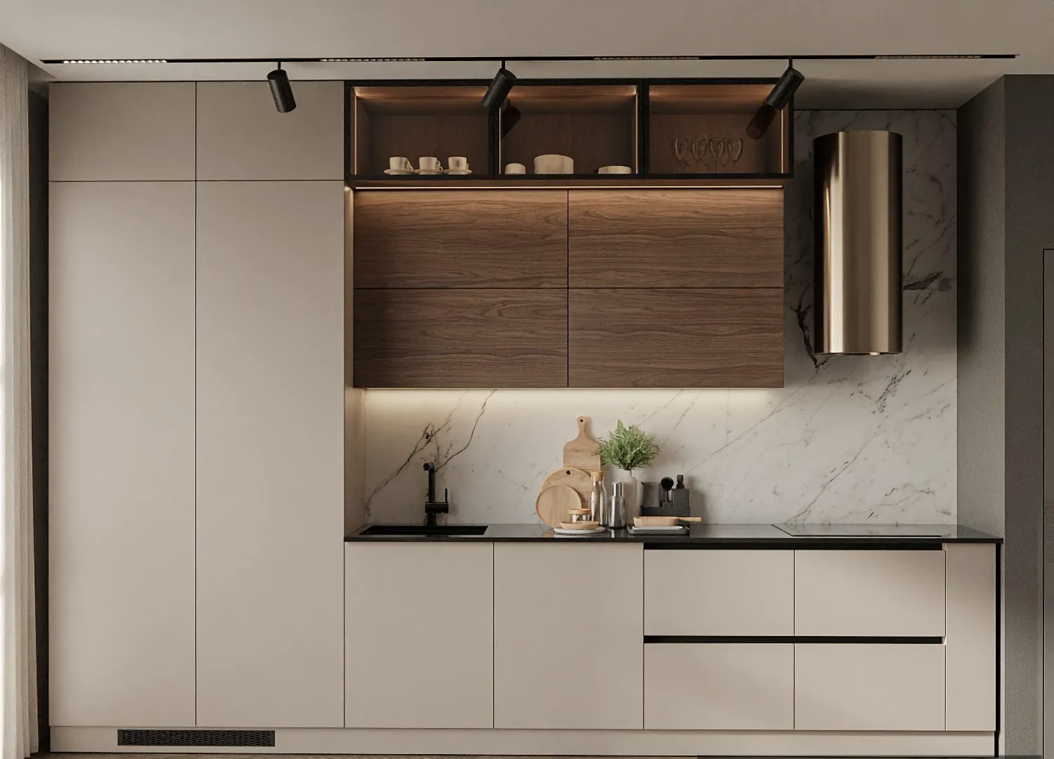 Светлая кухня с ореховыми шкафами, витринами и мраморным фартуком